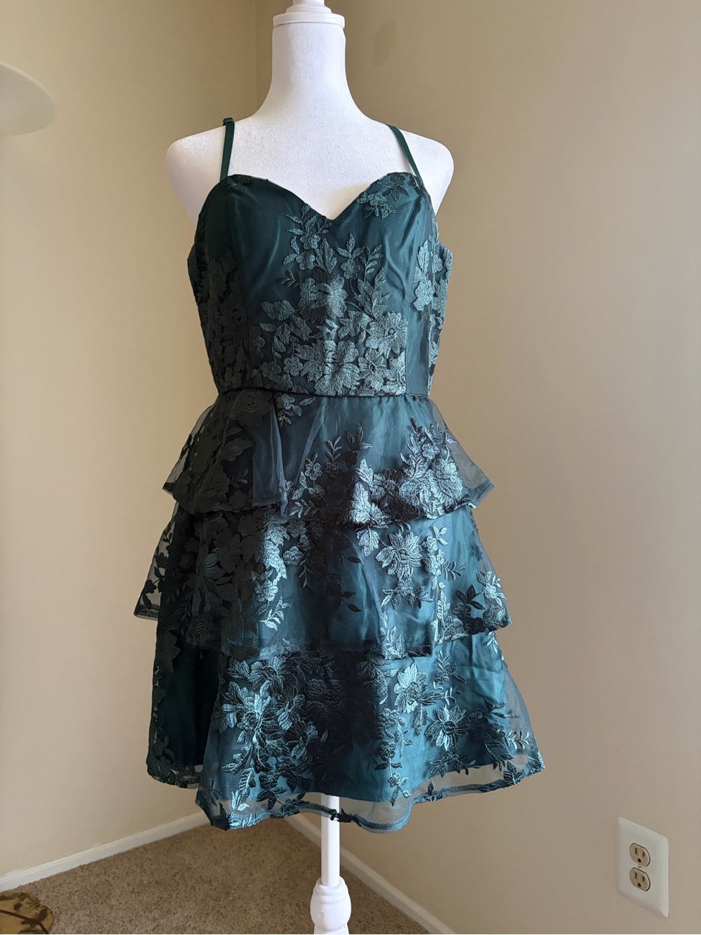 Dark Green Floral Tiered Dress